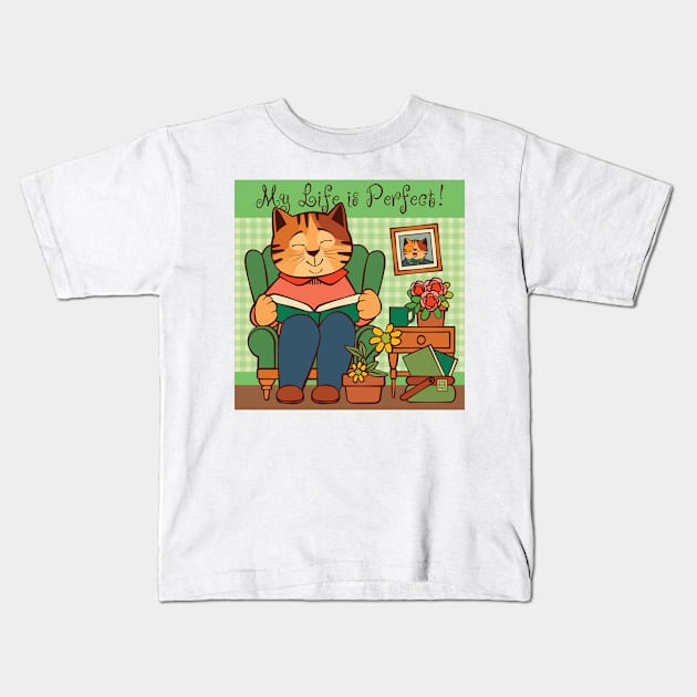 LIfe is Perfect Cat Reading Book at Home Kids T-Shirt by Sue Cervenka